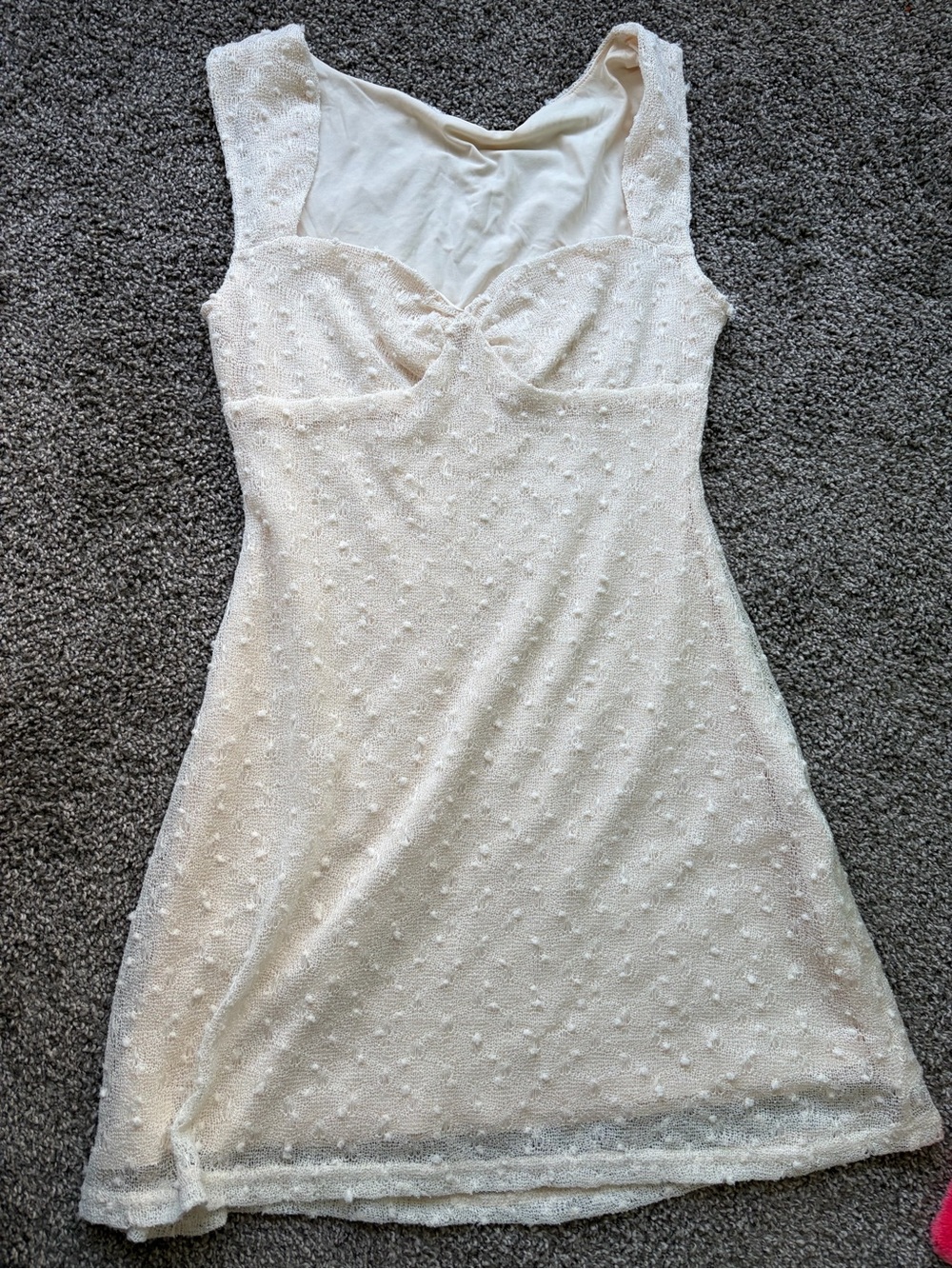 Cream Textured Mini Dress with Sweetheart Neckline